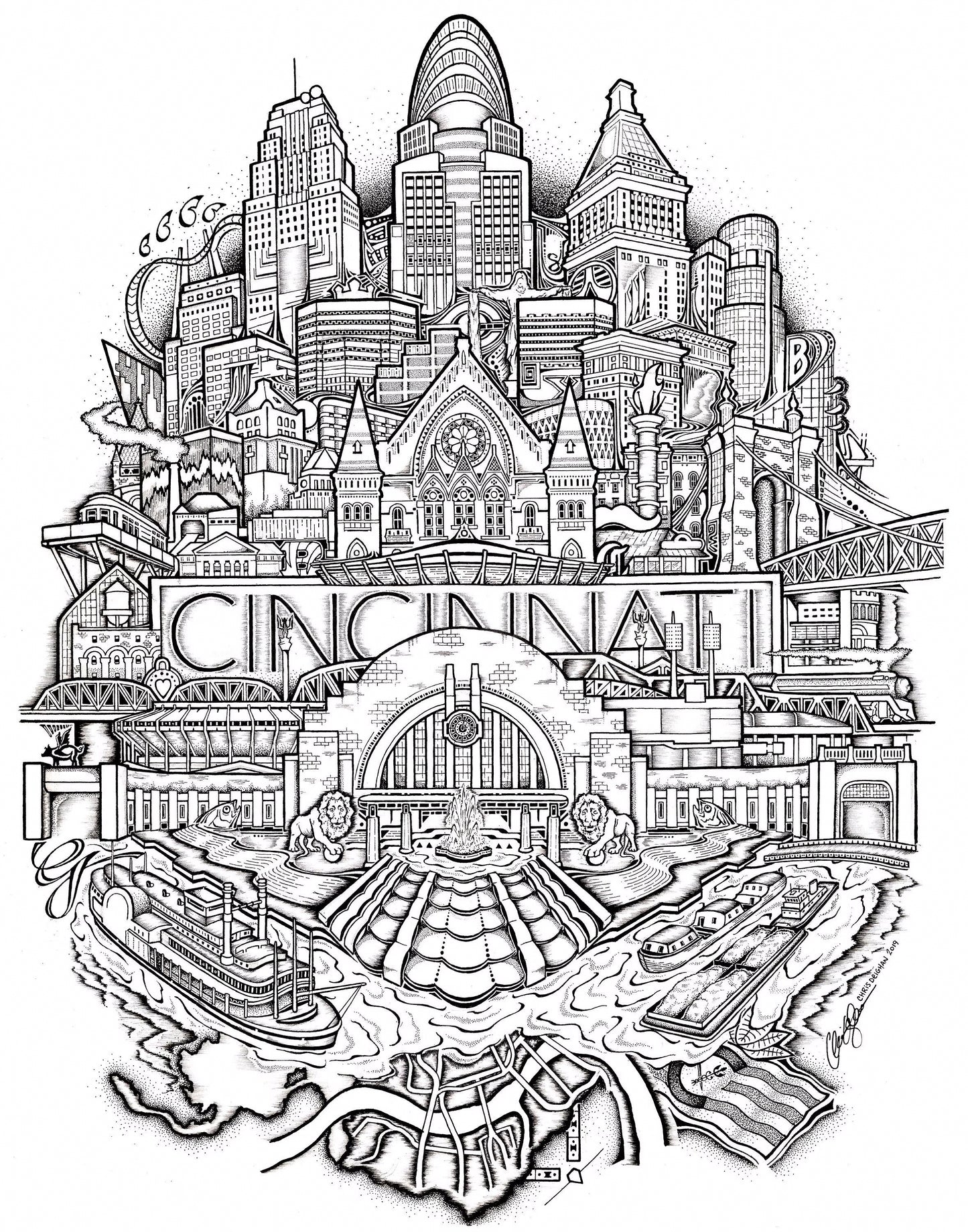 Cincinnati Skyline Drawing- Wall Art | Home Decor | Art Print | Gallery Wall Art | Portrait | Poster | Architecture | Ohio