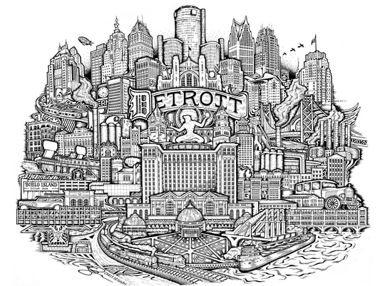 Detroit Drawing Print- Detroit Skyline | Michigan | Wall Decor | Freehand Drawing