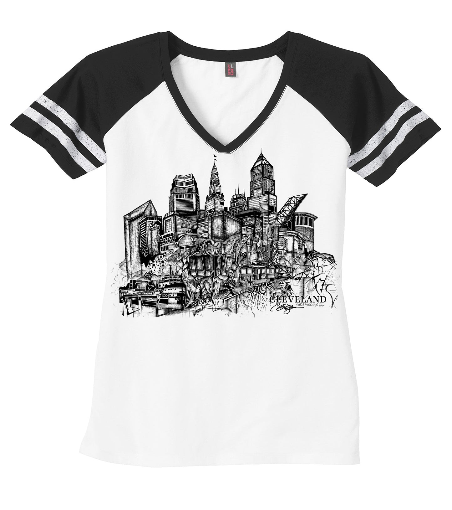 Cleveland Women’s White and Black V-Neck Shirt